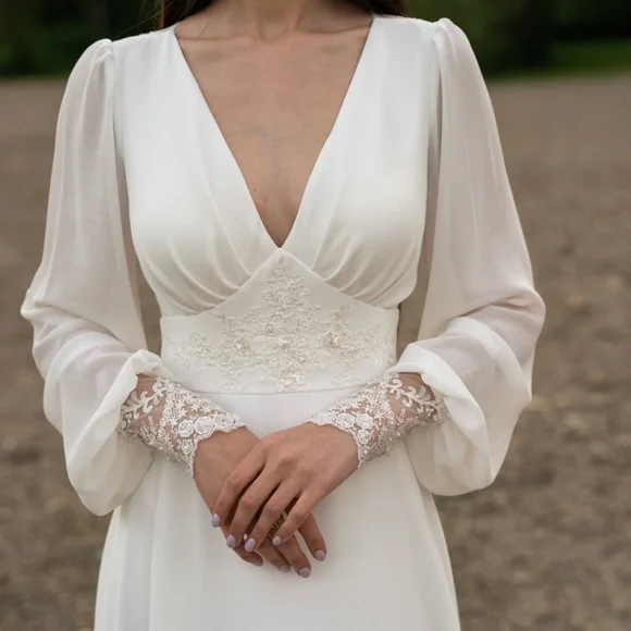 Dresses Ivory Lace Wedding Dress Longsleeve Button Back Long